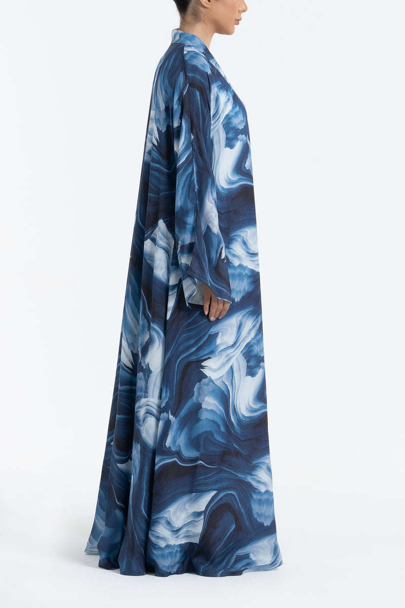Printed Cupro Abaya - Navy