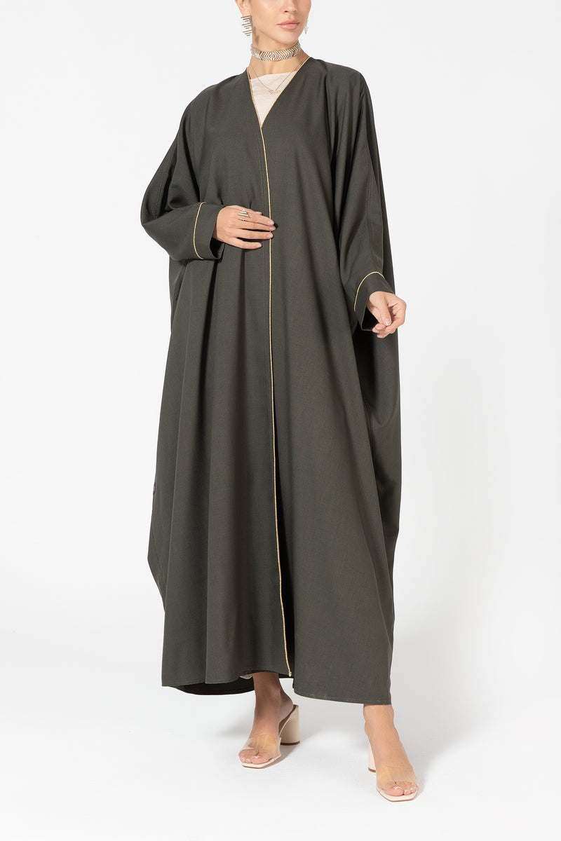 Oversized Twill Abaya with Gold Piping - Green
