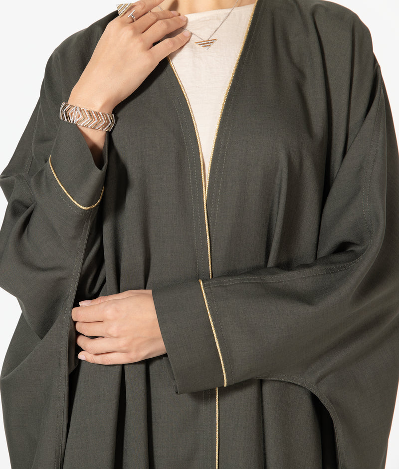 Oversized Twill Abaya with Gold Piping - Green