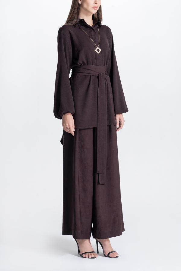 Wide Pants and Shirt Set - Brown
