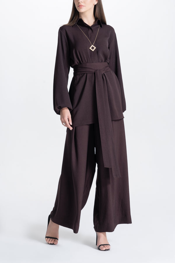 Wide Pants and Shirt Set - Brown