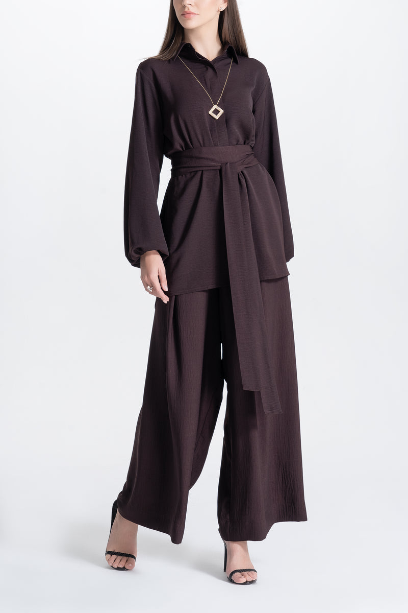 Wide Pants and Shirt Set - Brown