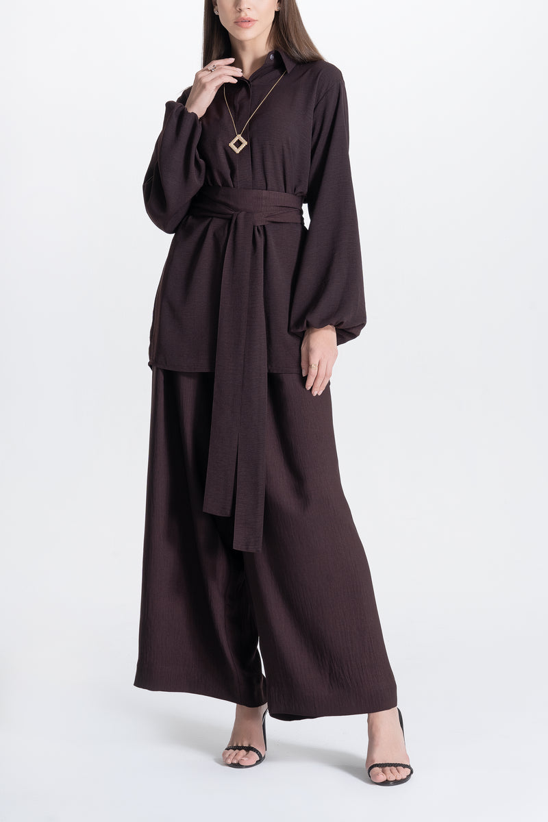 Wide Pants and Shirt Set - Brown
