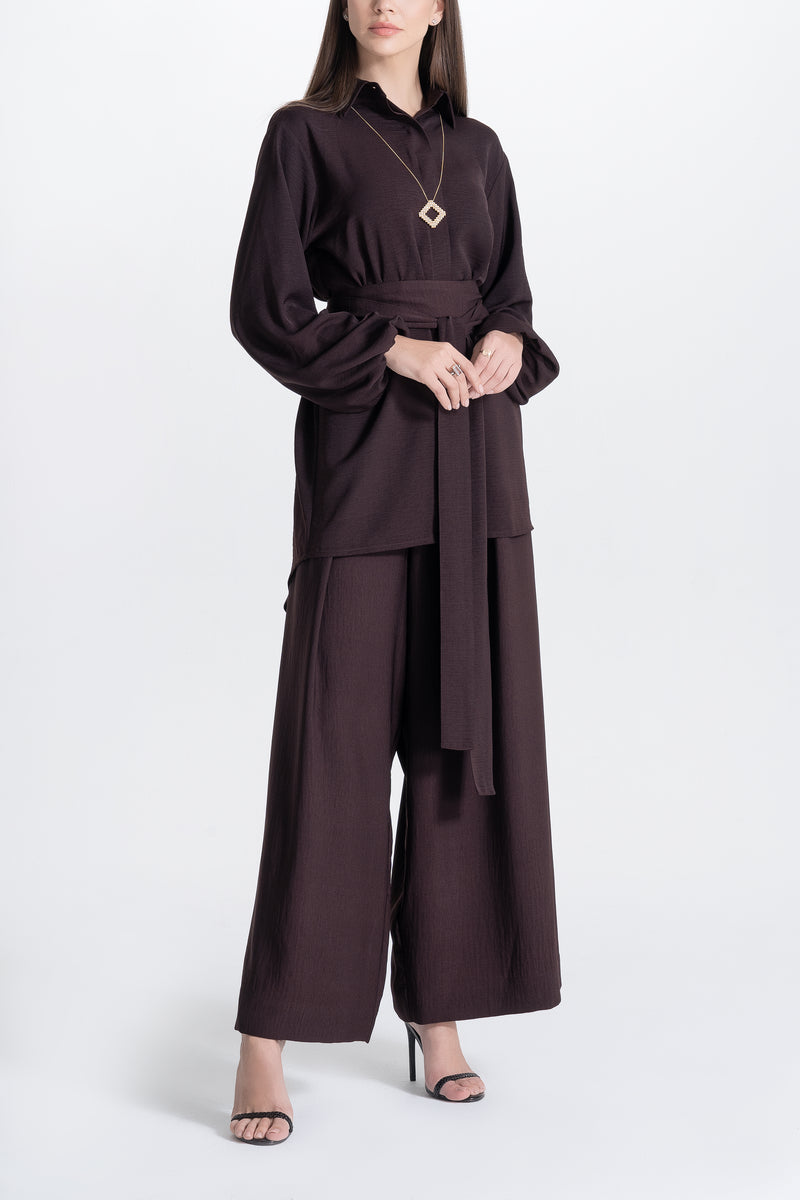 Wide Pants and Shirt Set - Brown