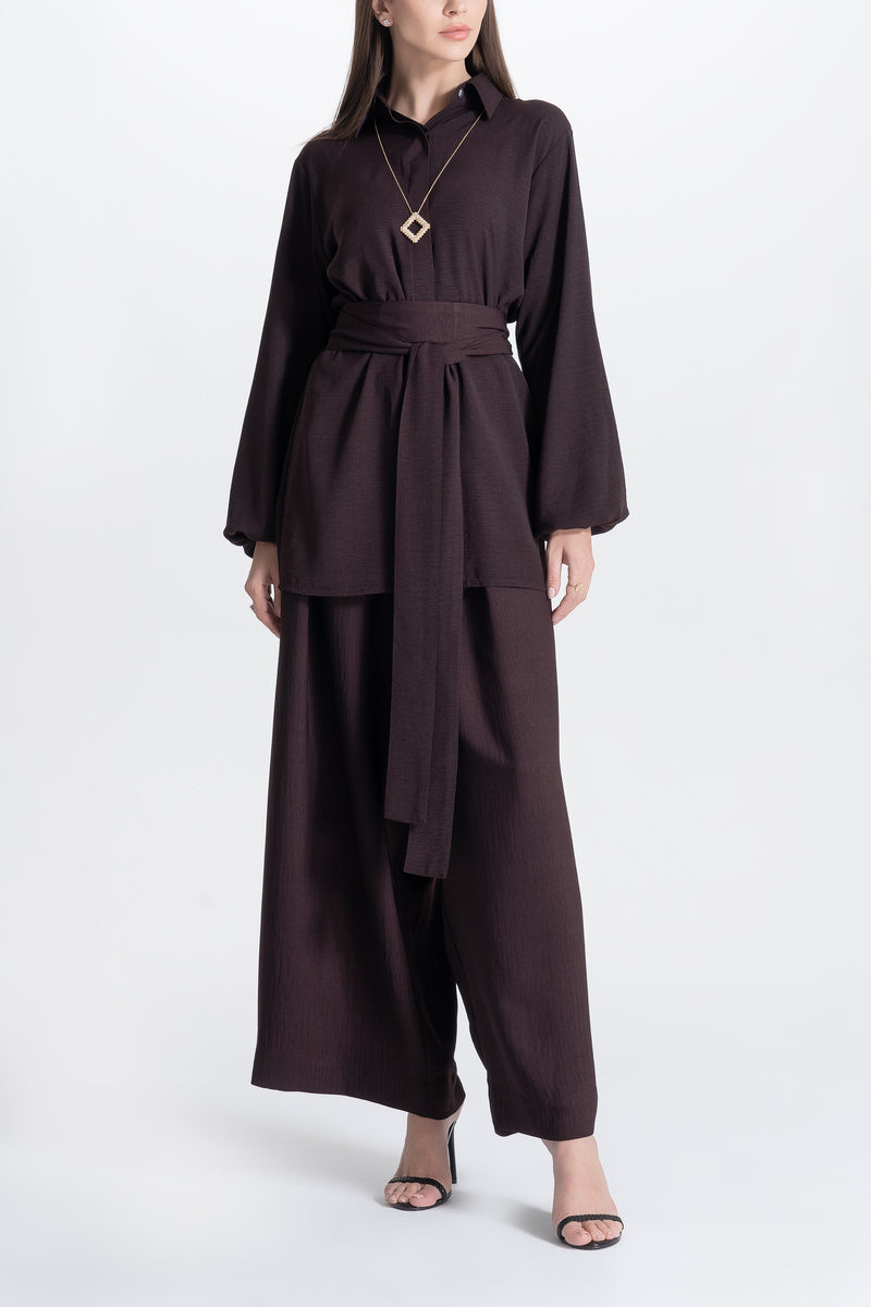 Wide Pants and Shirt Set - Brown