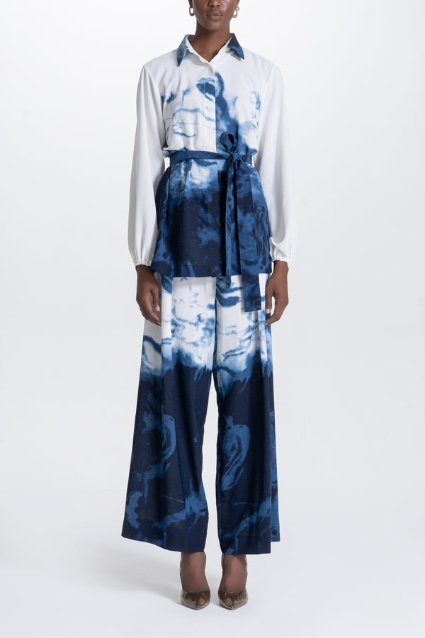 Wide Pants and Shirt Set - White and Blue