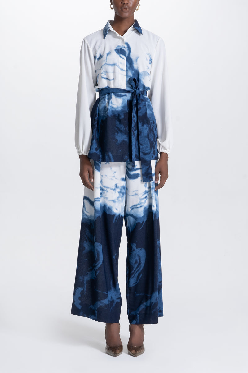Wide Pants and Shirt Set - White and Blue