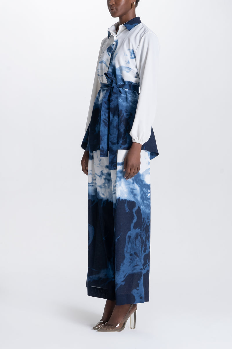 Wide Pants and Shirt Set - White and Blue