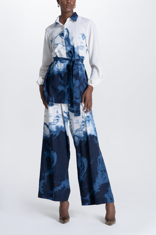 Wide Pants and Shirt Set - White and Blue