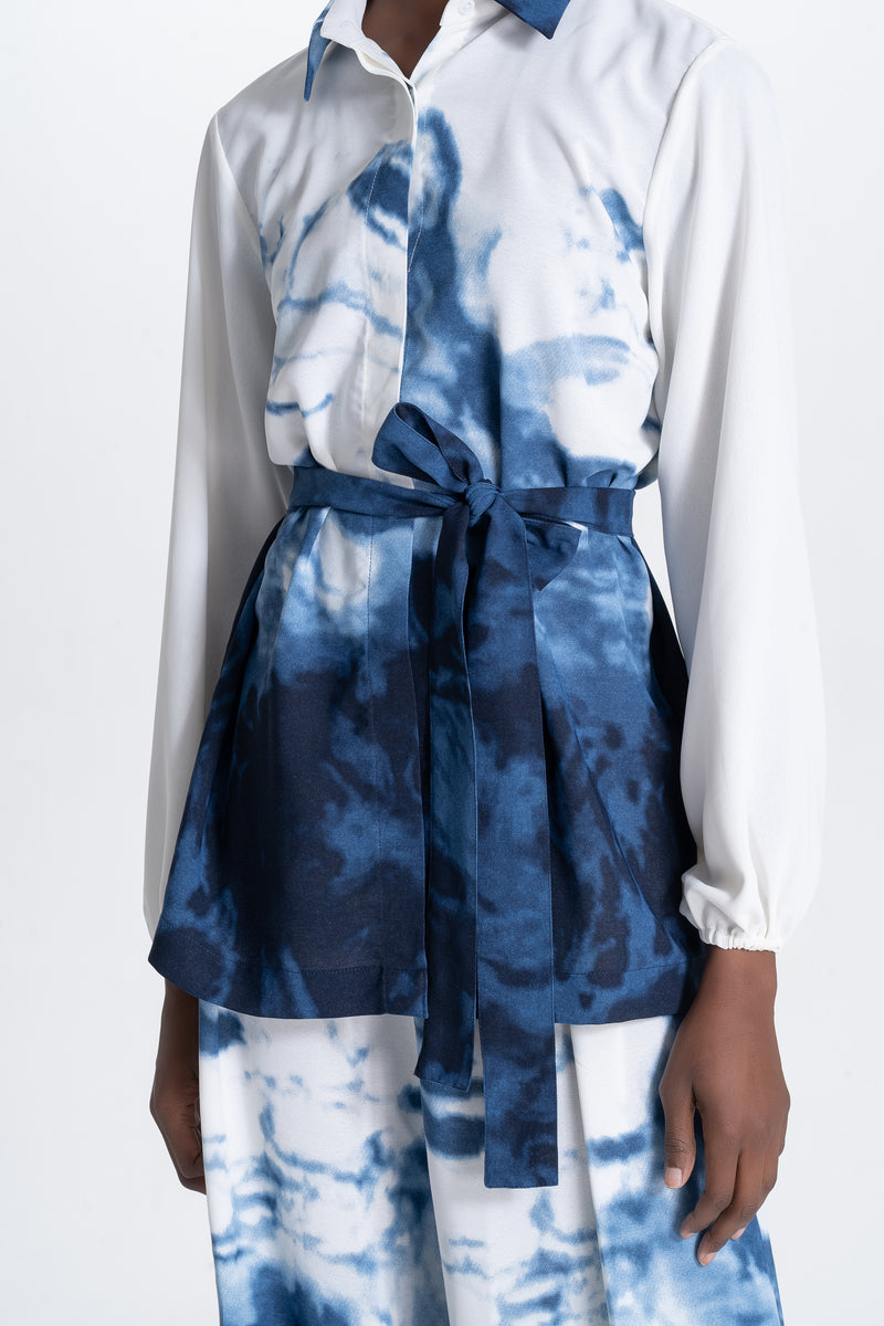 Wide Pants and Shirt Set - White and Blue