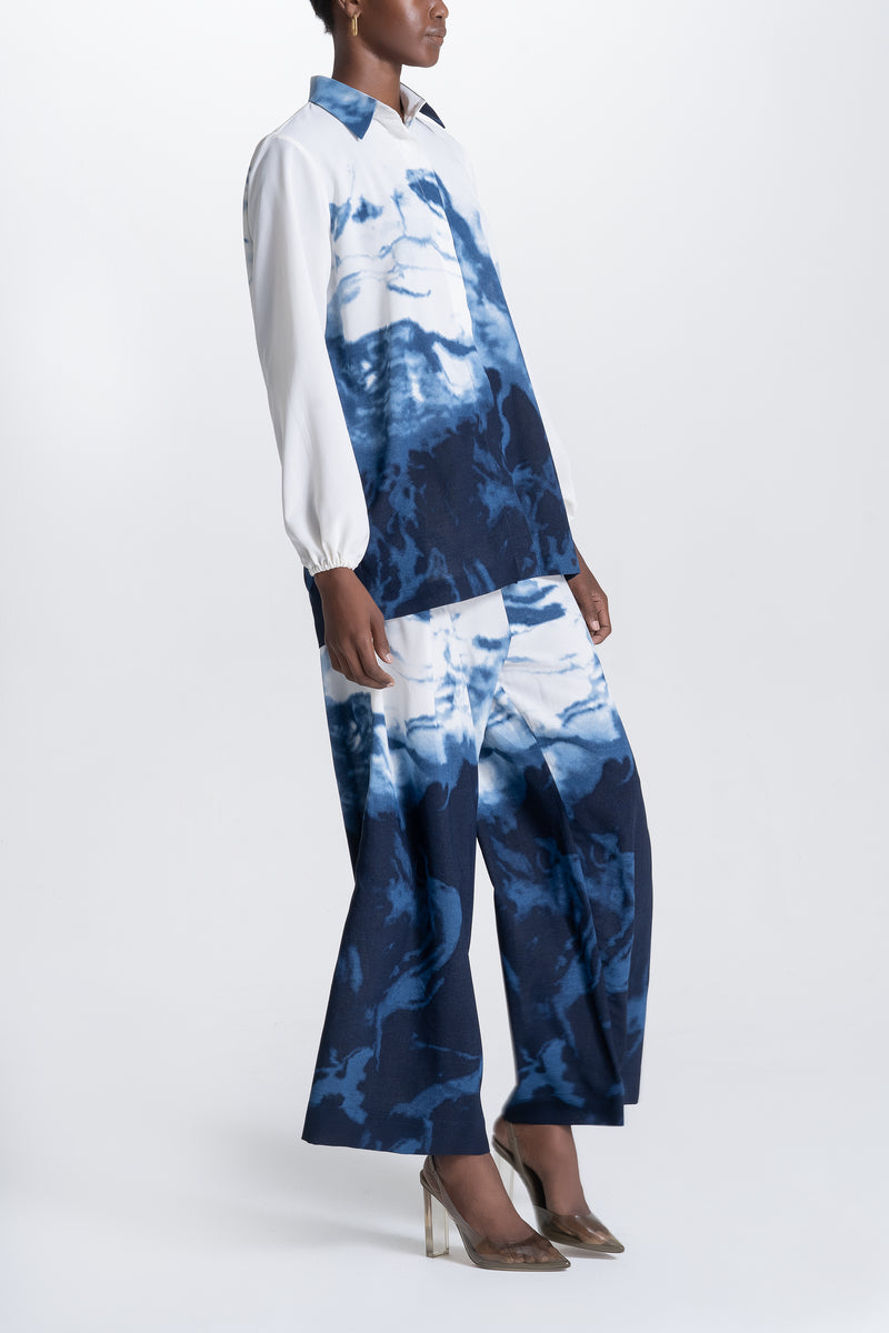 Wide Pants and Shirt Set - White and Blue