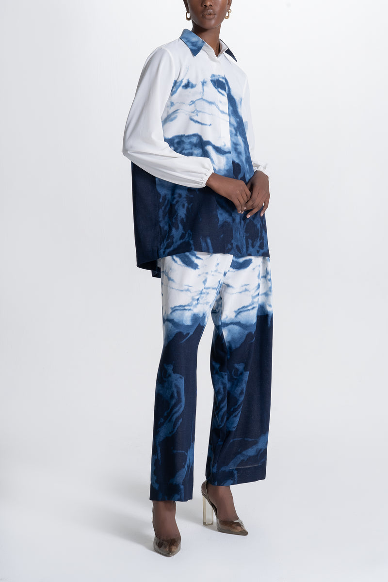 Wide Pants and Shirt Set - White and Blue