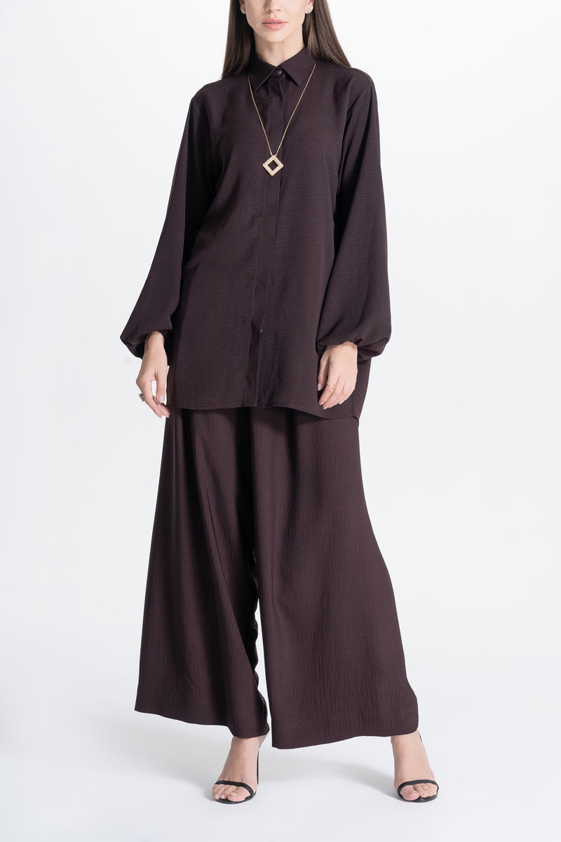 Wide Pants and Shirt Set - Brown