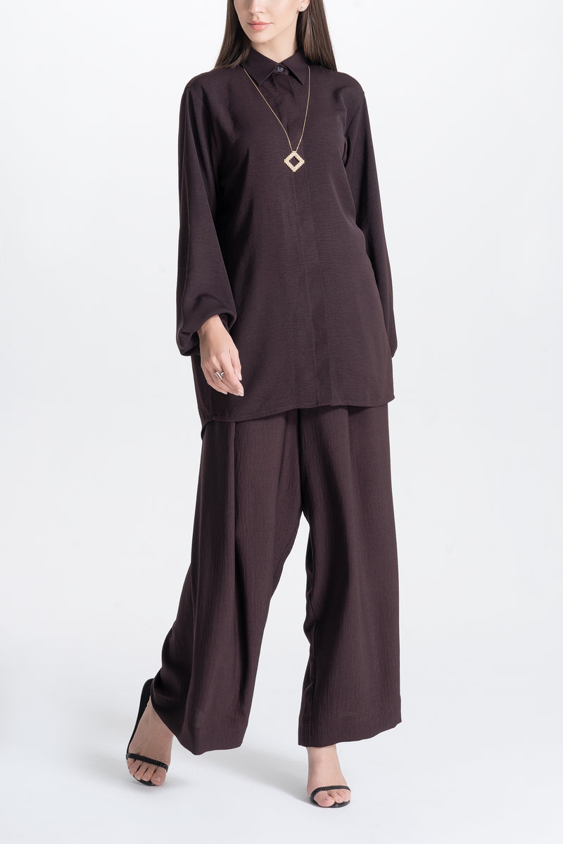 Wide Pants and Shirt Set - Brown