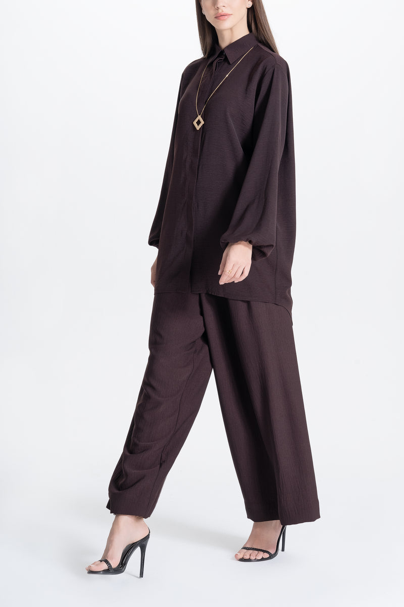 Wide Pants and Shirt Set - Brown