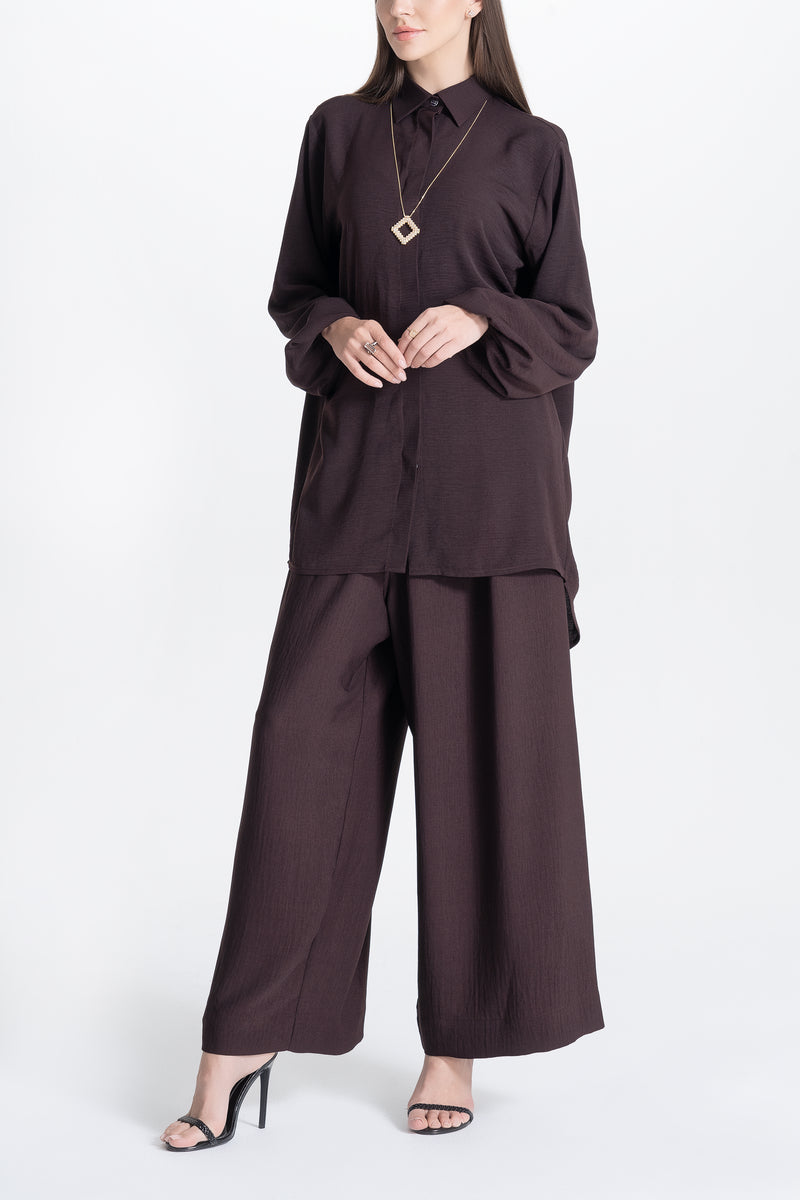 Wide Pants and Shirt Set - Brown