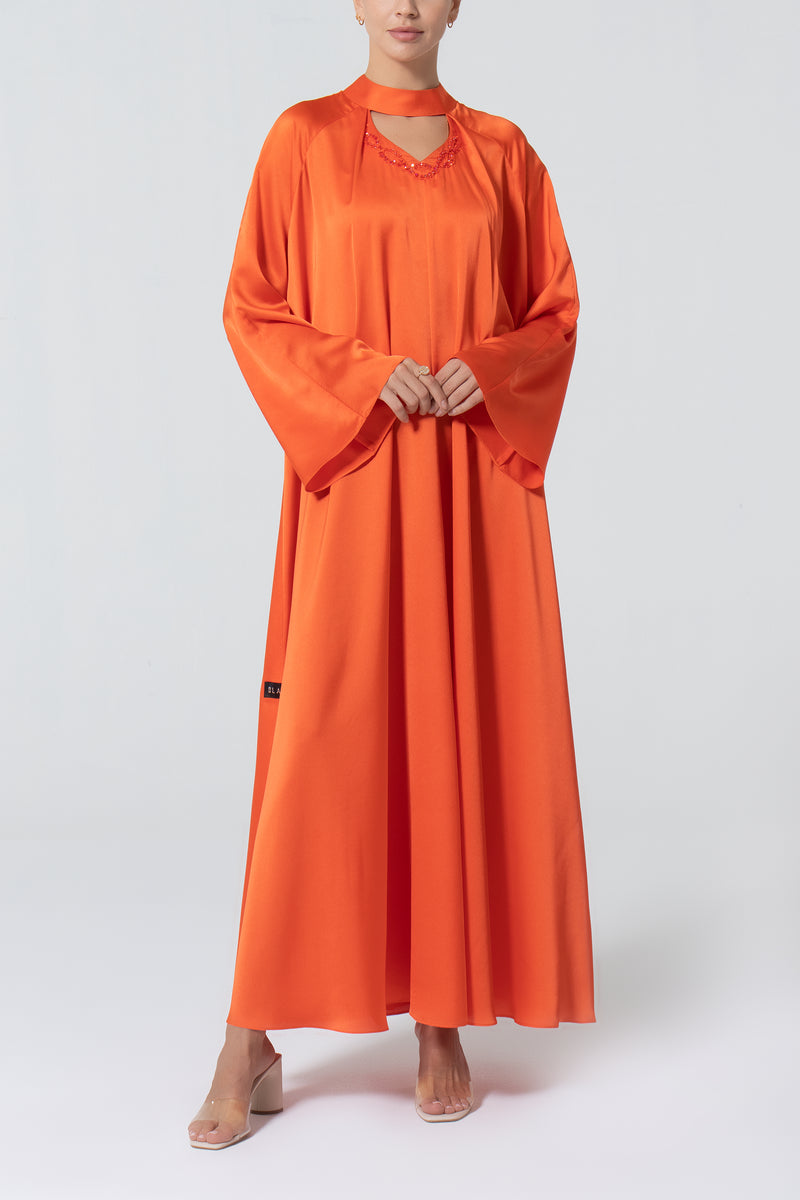 Satin Dress with Embroidery - Orange