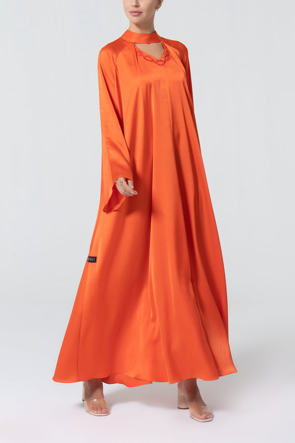 Satin Dress with Embroidery - Orange