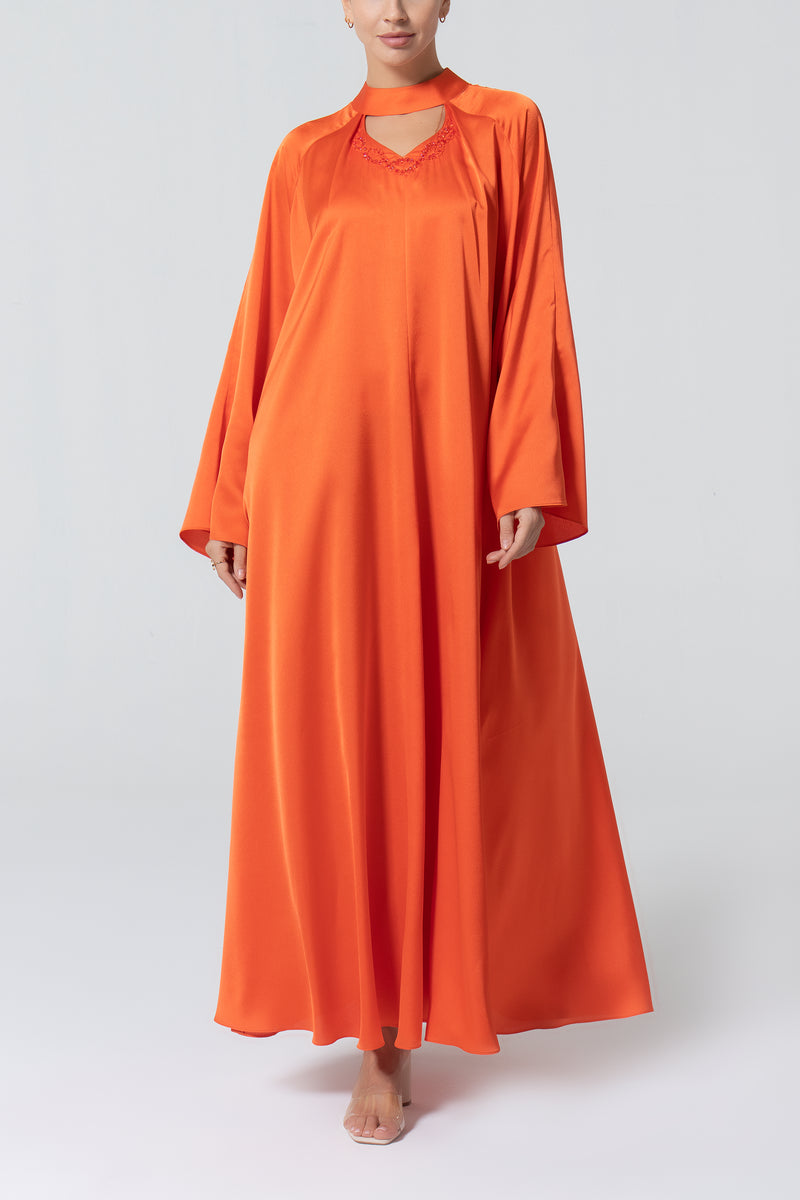 Satin Dress with Embroidery - Orange