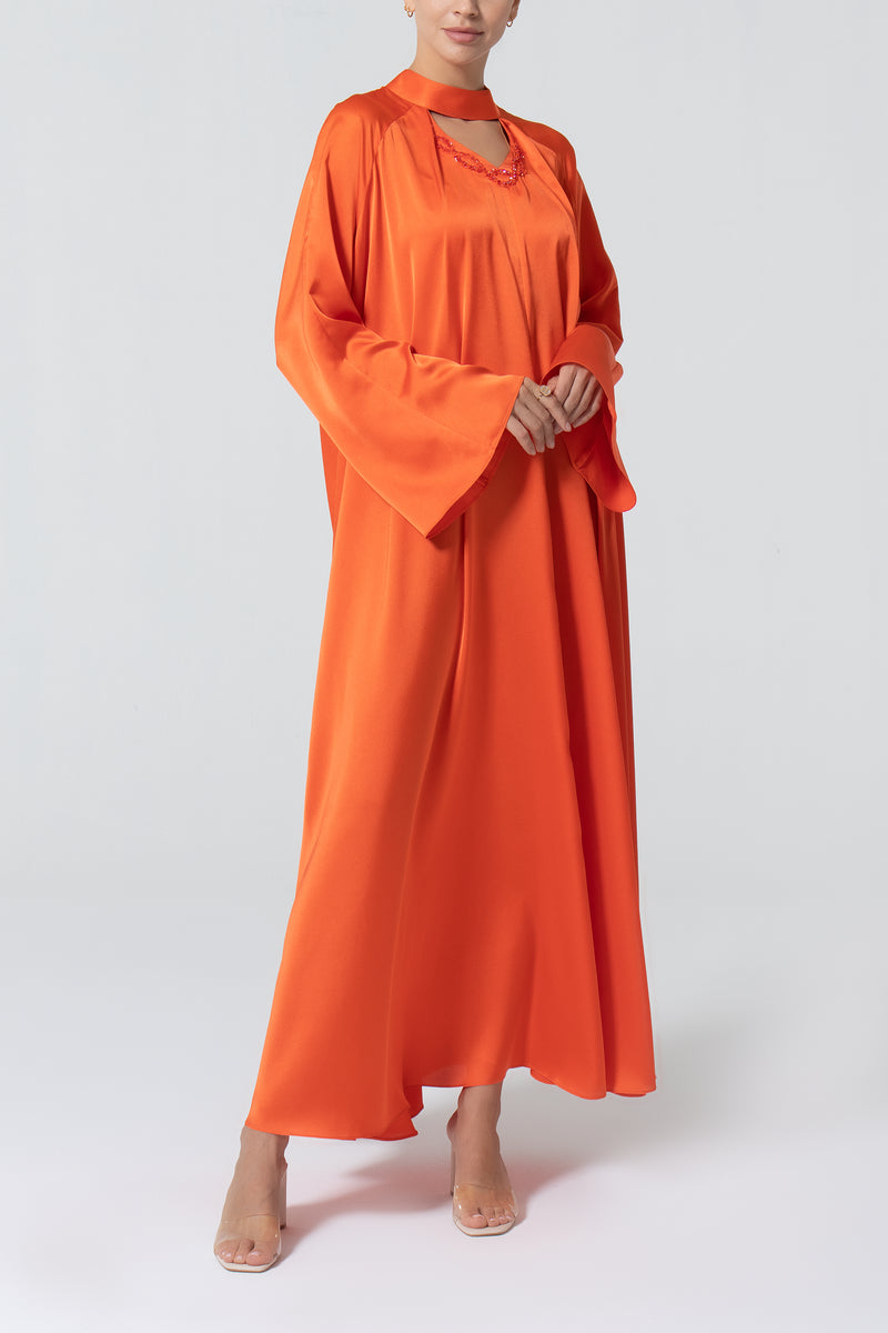 Satin Dress with Embroidery - Orange