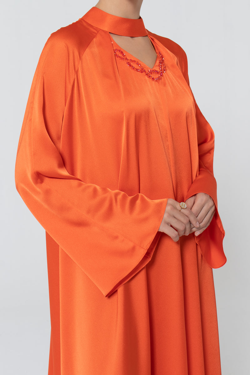 Satin Dress with Embroidery - Orange