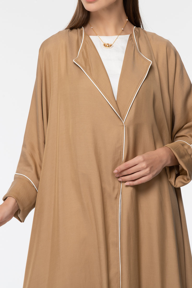 Collared Abaya with Piping - Beige